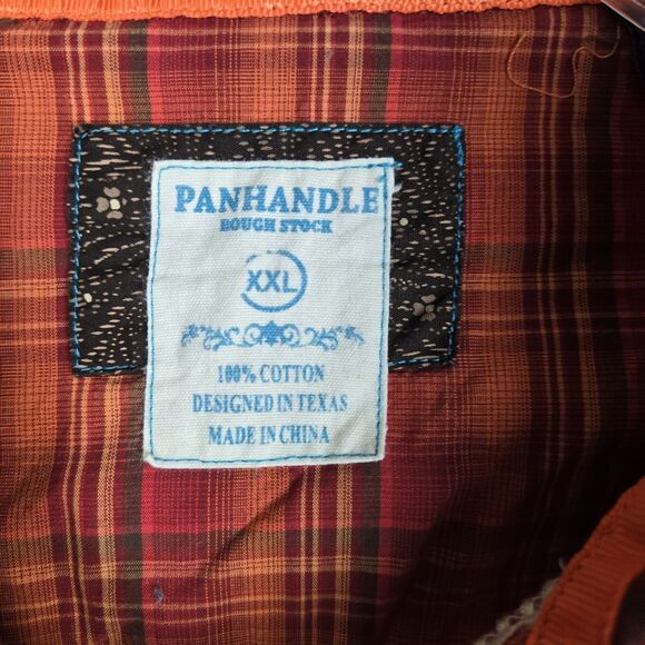 Panhandle Rough Stock Shirt XXL Snap Button Embroider Plaid Orange Red Flip Cuff - Picture 7 of 9